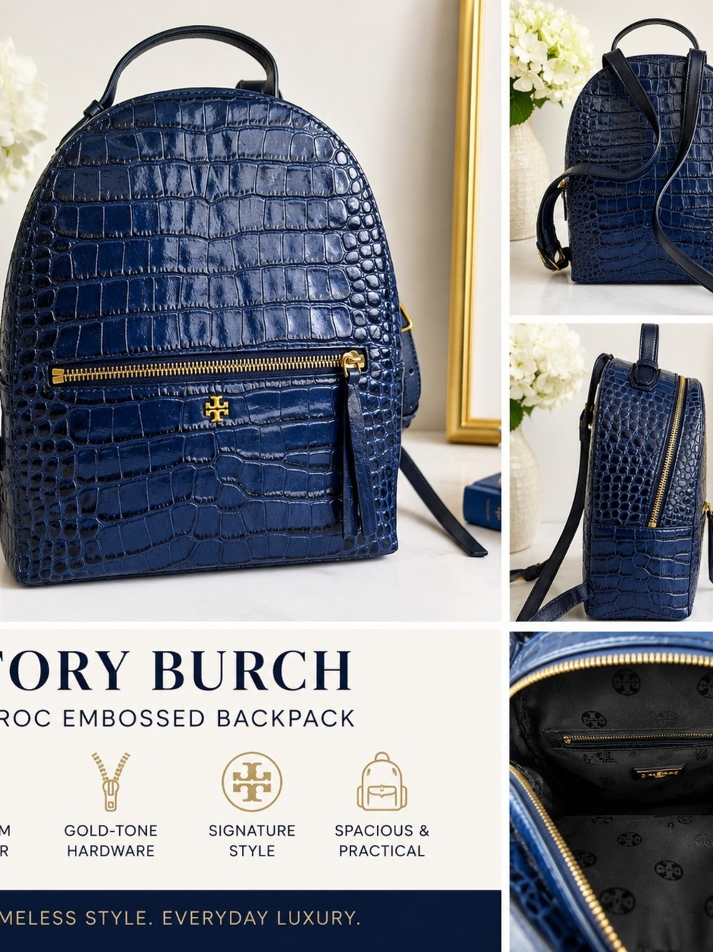 Beautiful Tory Burch Navy Croc-Embossed Leather Backpack